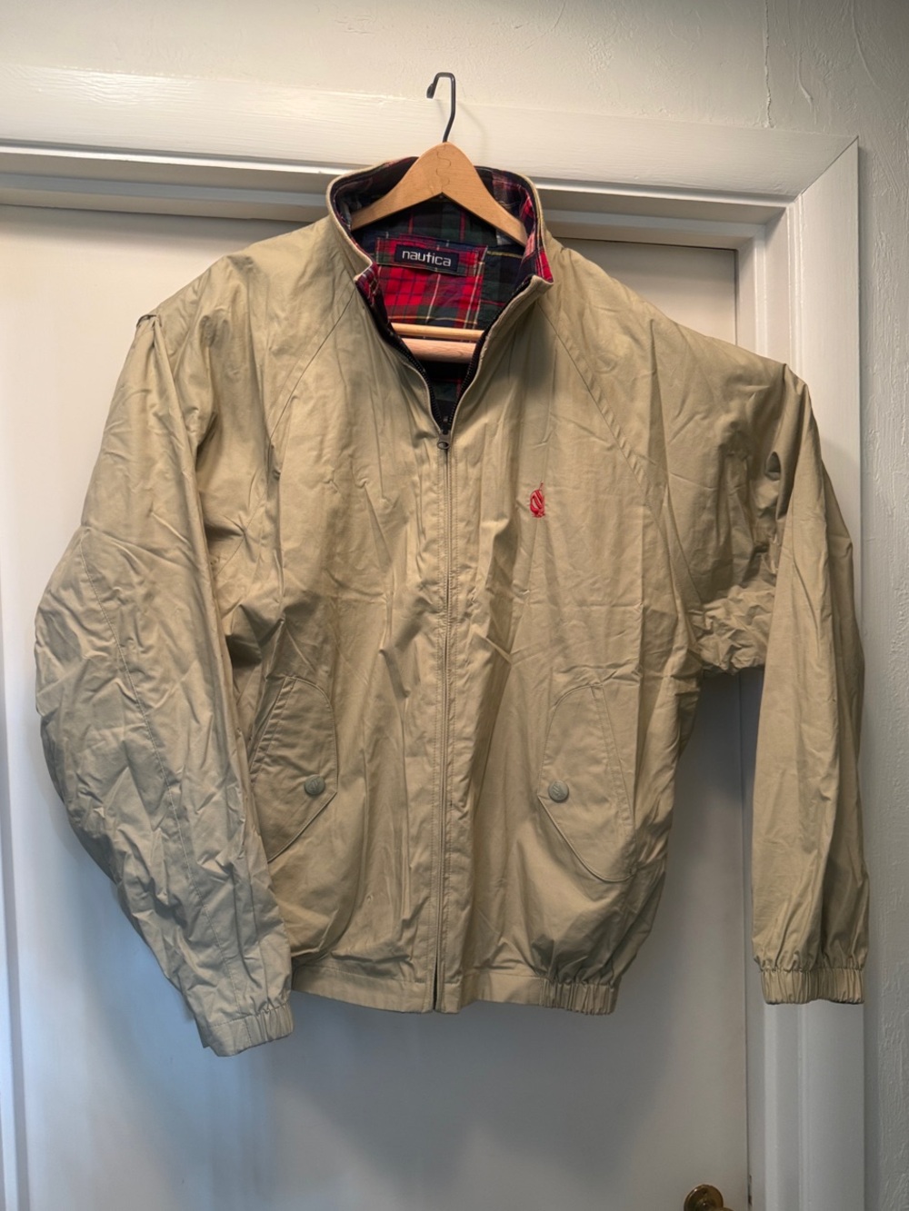 Vintage Men's Nautica Khaki Lightweight Reversible Zip Jacket with Tartan Collar
